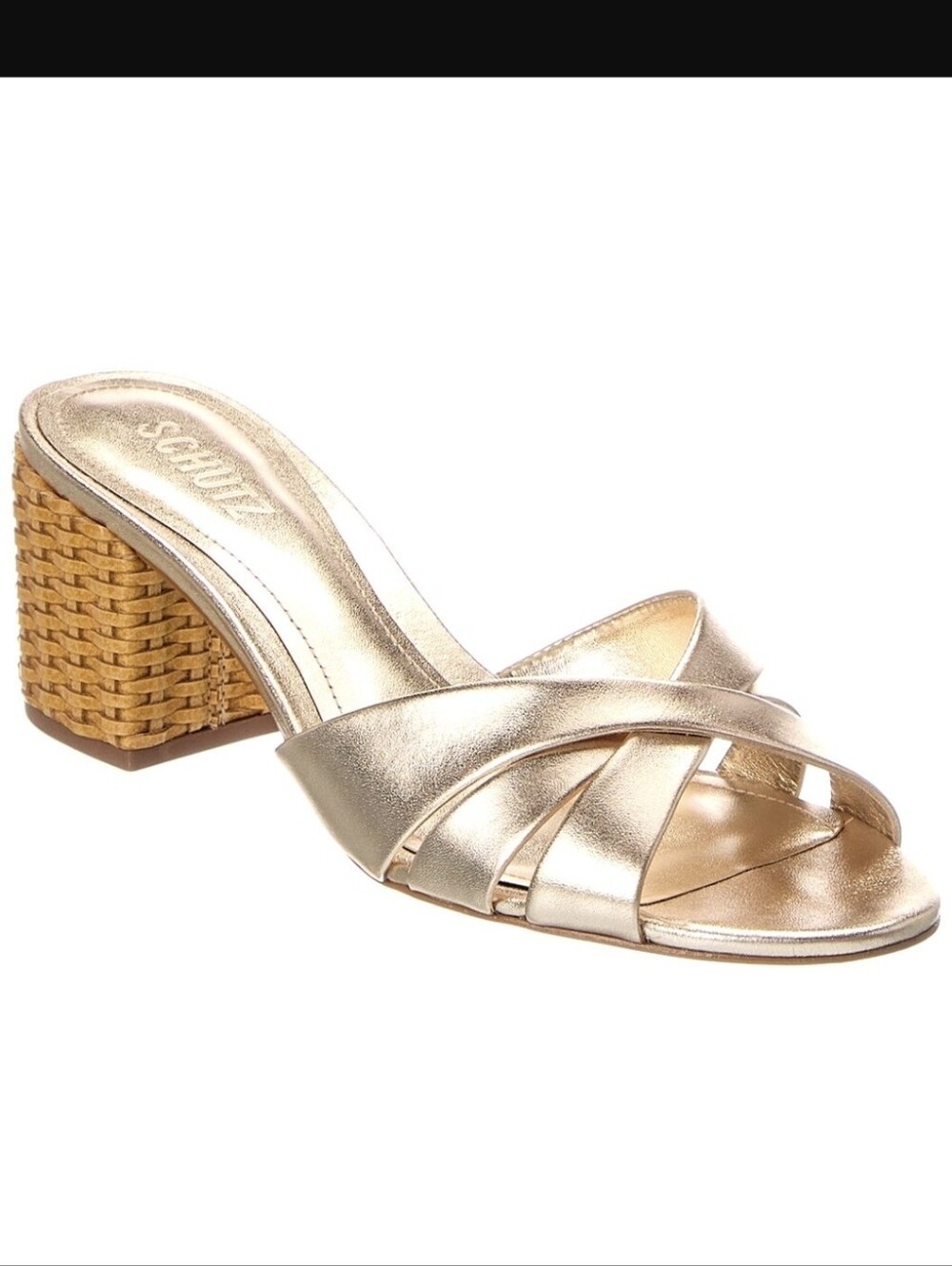 SCHUTZ Keefa Block Mule Sandals in Platina Gold Leather, Size 6